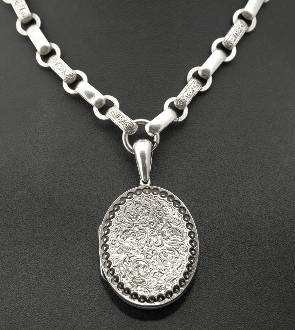 Antique Victorian Fancy Link Chain & Locket Necklace Chased Design c.1870 (B2386)