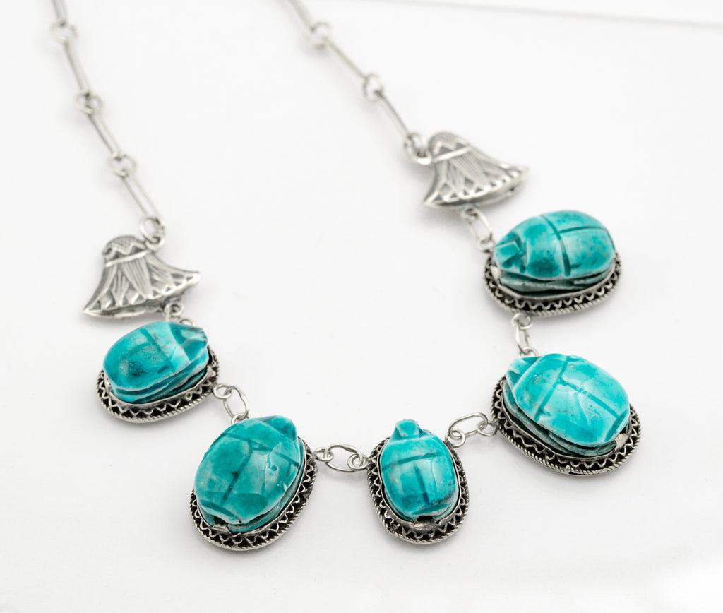 Vintage Egyptian Revival .800 Silver & Faience Pottery Scarab Beetle Necklace (B2387)