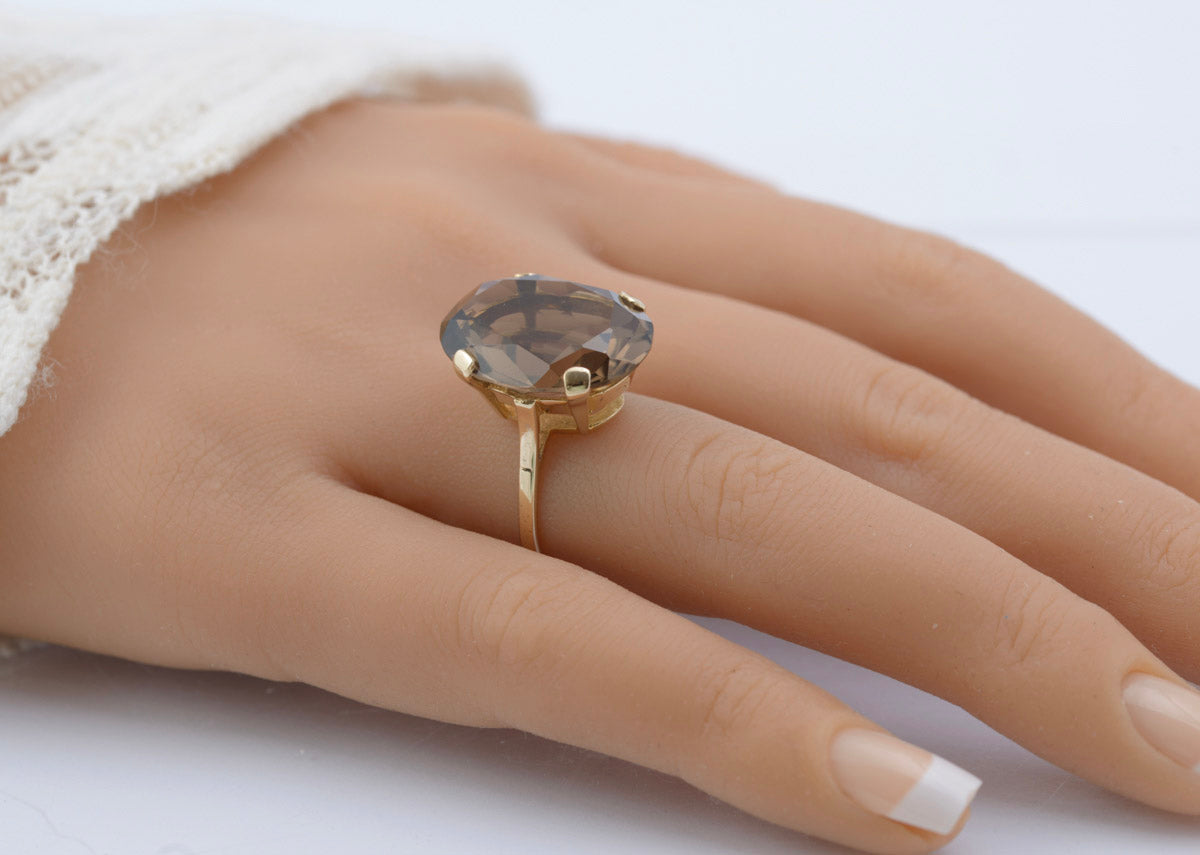 Vintage 9ct Gold Smoky Quartz Statement Ring | 14.5ct Oval Stone | London Hallmark 1968 | Size N½ (Code B2389)