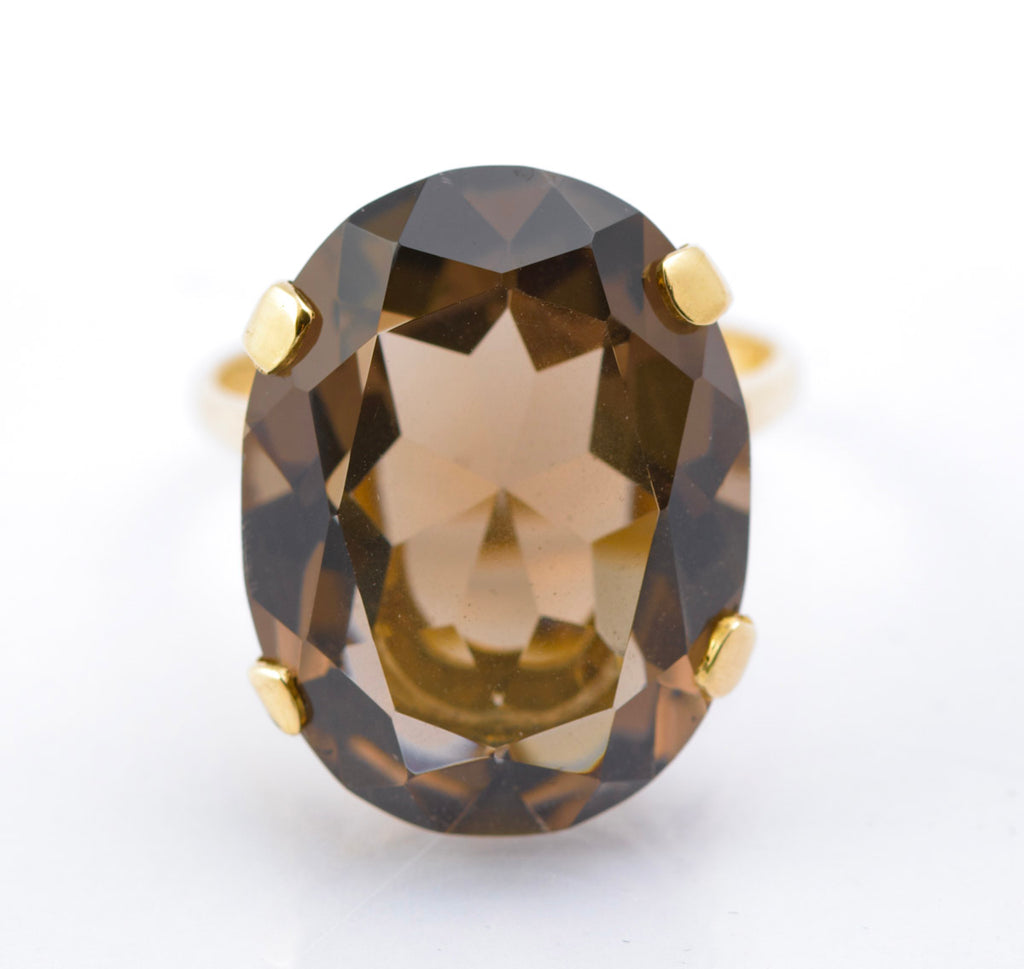 Vintage 9ct Gold Smoky Quartz Statement Ring | 14.5ct Oval Stone | London Hallmark 1968 | Size N½ (Code B2389)