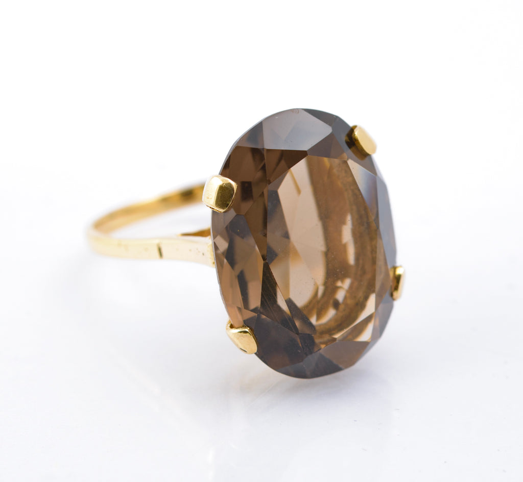 Vintage 9ct Gold Smoky Quartz Statement Ring | 14.5ct Oval Stone | London Hallmark 1968 | Size N½ (Code B2389)