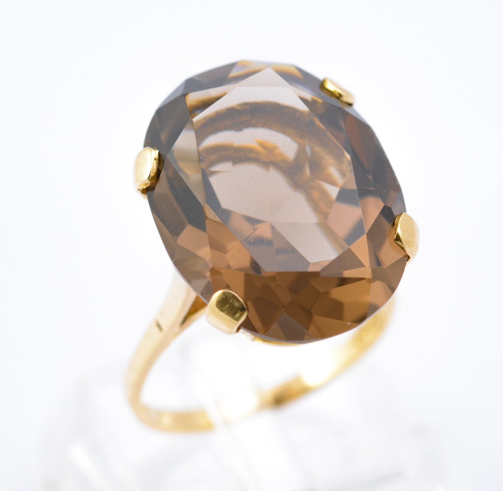 Vintage 9ct Gold Smoky Quartz Statement Ring | 14.5ct Oval Stone | London Hallmark 1968 | Size N½ (Code B2389)