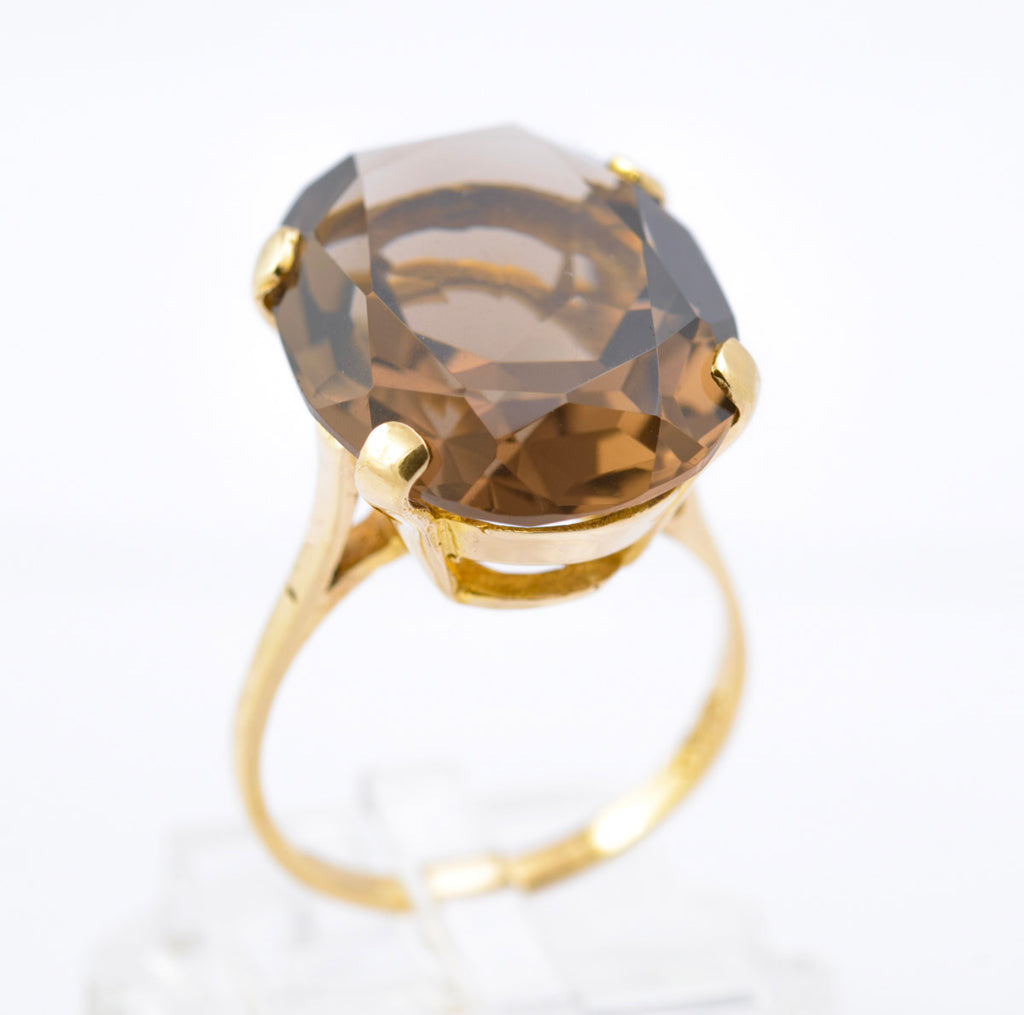 Vintage 9ct Gold Smoky Quartz Statement Ring | 14.5ct Oval Stone | London Hallmark 1968 | Size N½ (Code B2389)