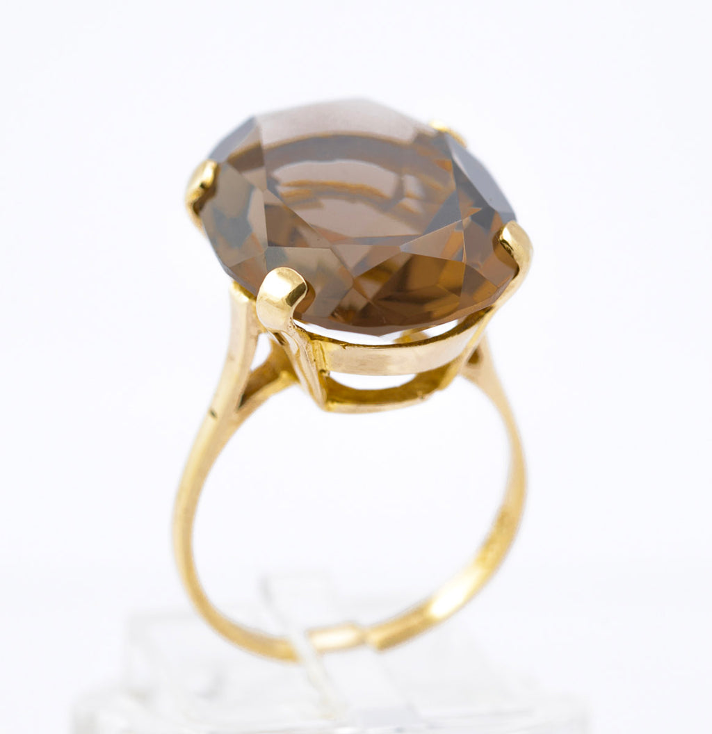 Vintage 9ct Gold Smoky Quartz Statement Ring | 14.5ct Oval Stone | London Hallmark 1968 | Size N½ (Code B2389)