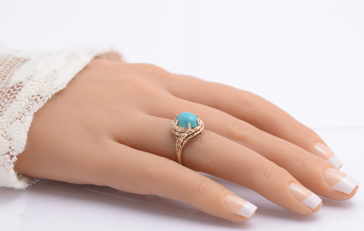 Vintage 9ct Yellow Gold & Natural Turquoise Cabochon Women's Ring UK Size J1/2 (B2400)