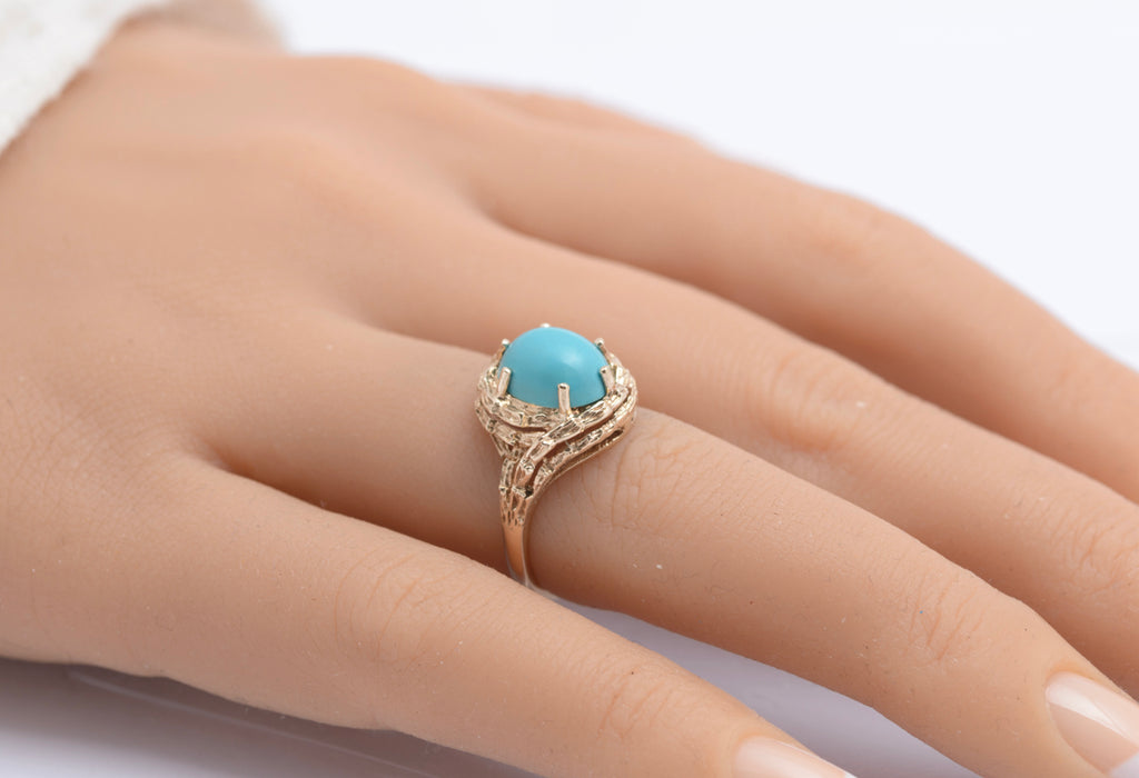 Vintage 9ct Gold Modernist Turquoise Cabochon Ring | London 1973 | UK Size J½ | B2400