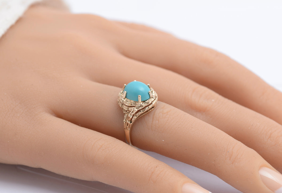 Vintage 9ct Yellow Gold & Natural Turquoise Cabochon Women's Ring UK Size J1/2 (B2400)