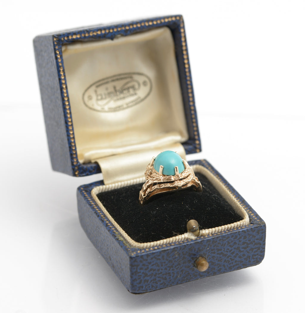 Vintage 9ct Gold Modernist Turquoise Cabochon Ring | London 1973 | UK Size J½ | B2400