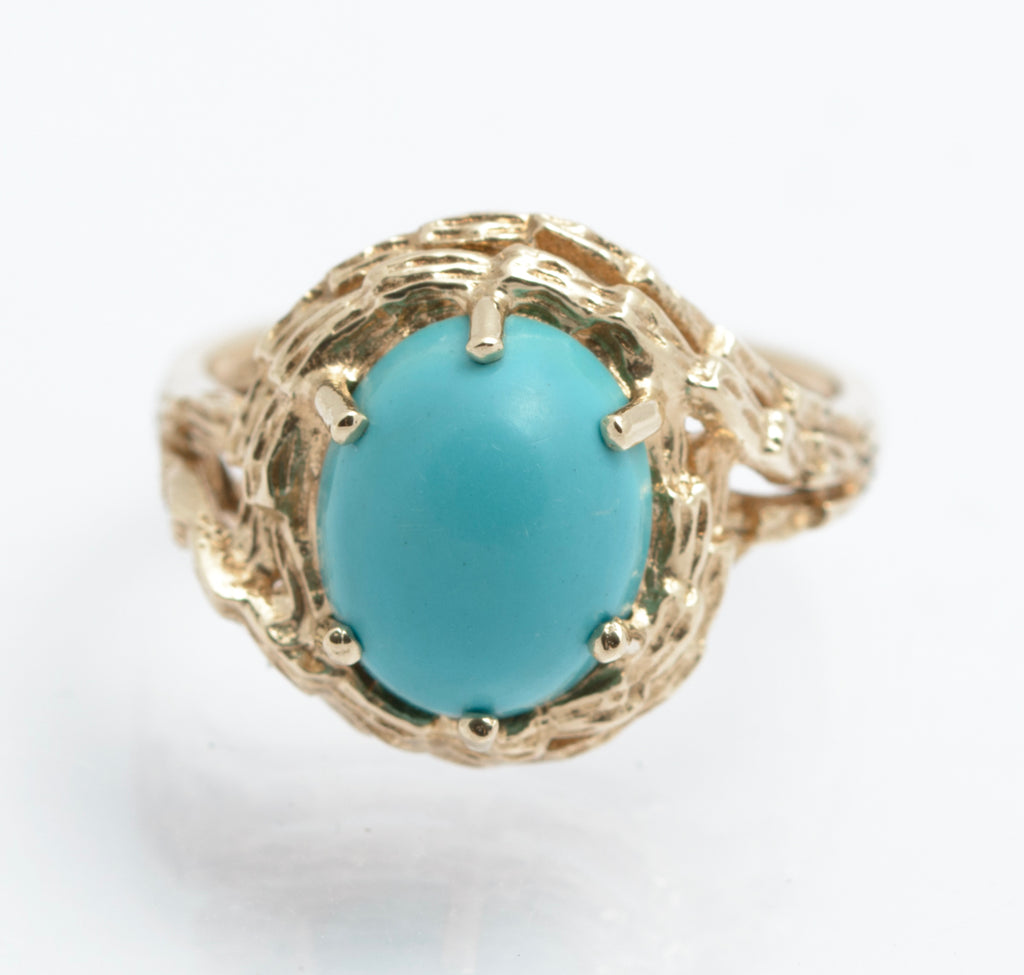Vintage 9ct Gold Modernist Turquoise Cabochon Ring | London 1973 | UK Size J½ | B2400