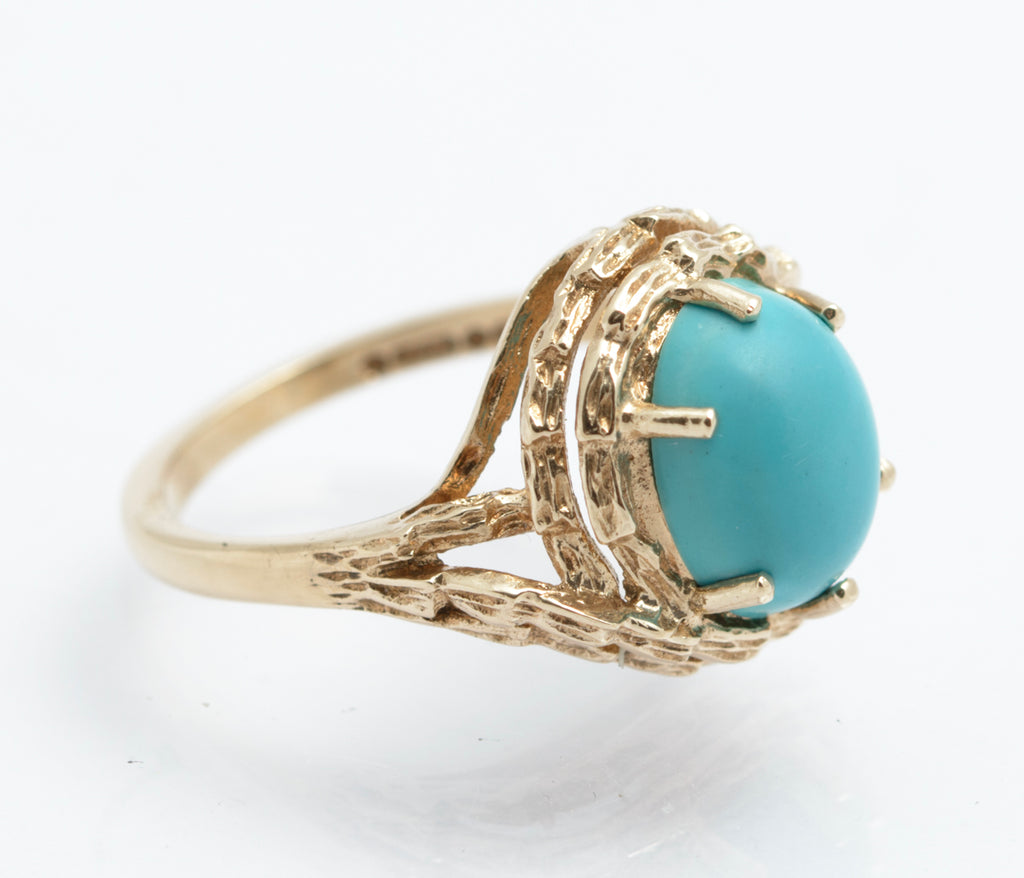 Vintage 9ct Gold Modernist Turquoise Cabochon Ring | London 1973 | UK Size J½ | B2400