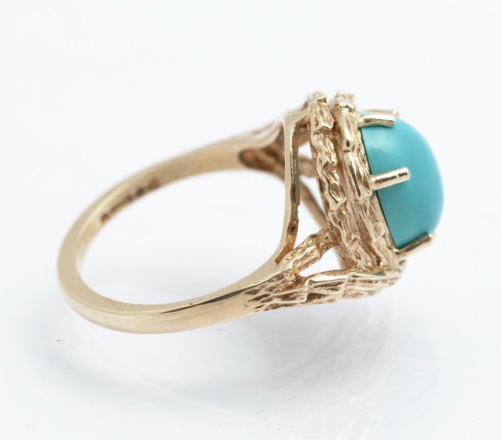 Vintage 9ct Gold Modernist Turquoise Cabochon Ring | London 1973 | UK Size J½ | B2400