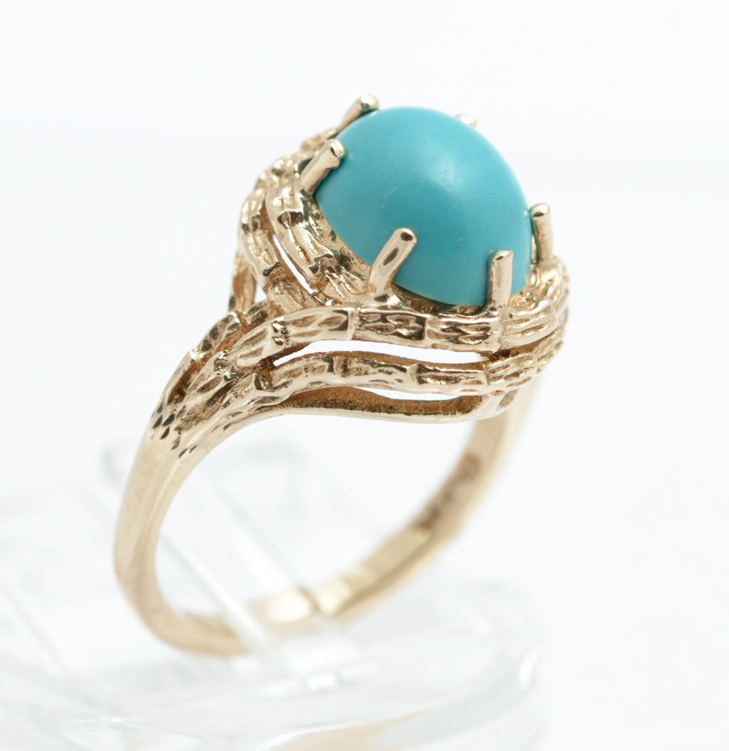 Vintage 9ct Gold Modernist Turquoise Cabochon Ring | London 1973 | UK Size J½ | B2400