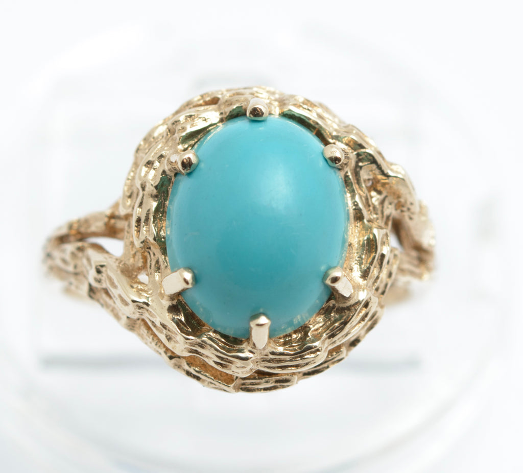 Vintage 9ct Gold Modernist Turquoise Cabochon Ring | London 1973 | UK Size J½ | B2400