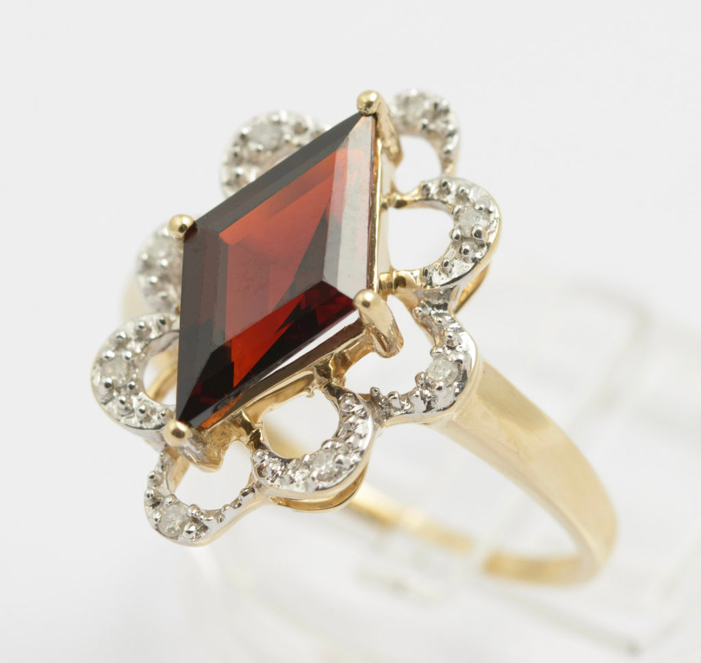 9ct Gold Natural Garnet & Diamond Dress Ring With Looped Halo Sheffield Hallmark(B2417)