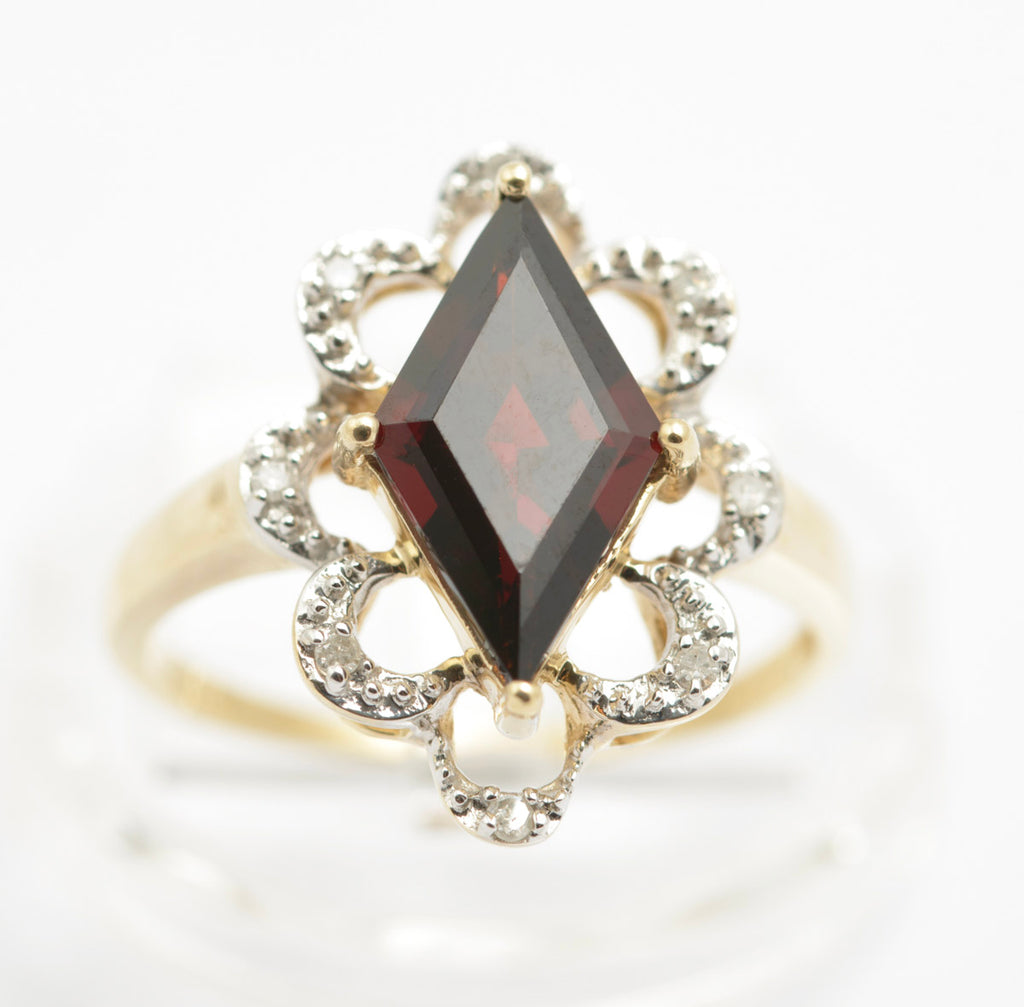 9ct Gold Natural Garnet & Diamond Dress Ring With Looped Halo Sheffield Hallmark(B2417)