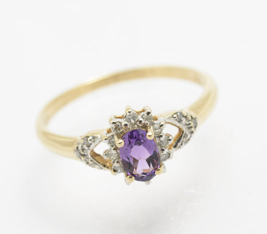 Vintage 9ct Gold Natural Amethyst & Diamond Halo Ring c.1980s Hallmarked (B2418)