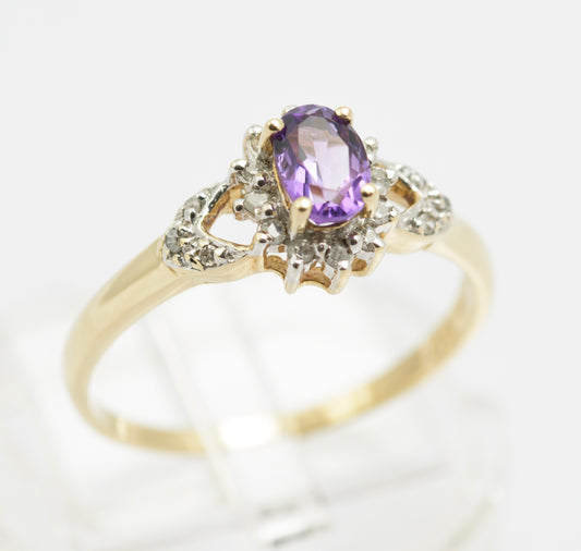 Vintage 9ct Gold Natural Amethyst & Diamond Halo Ring c.1980s Hallmarked (B2418)
