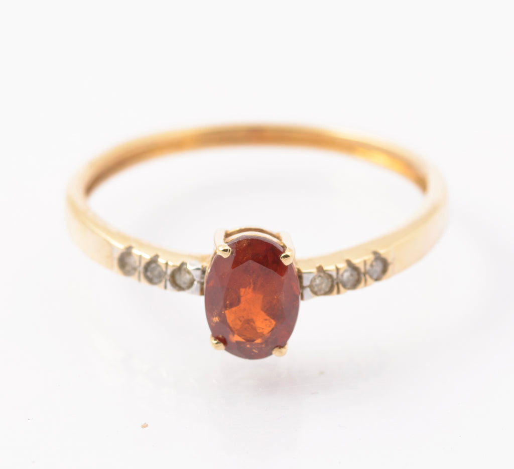 9ct Gold & Natural Spessartite Orange Garnet & Diamond Shoulders Ring Size S (B2443)