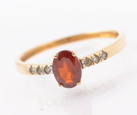 9ct Gold & Natural Spessartite Orange Garnet & Diamond Shoulders Ring Size S (B2443)