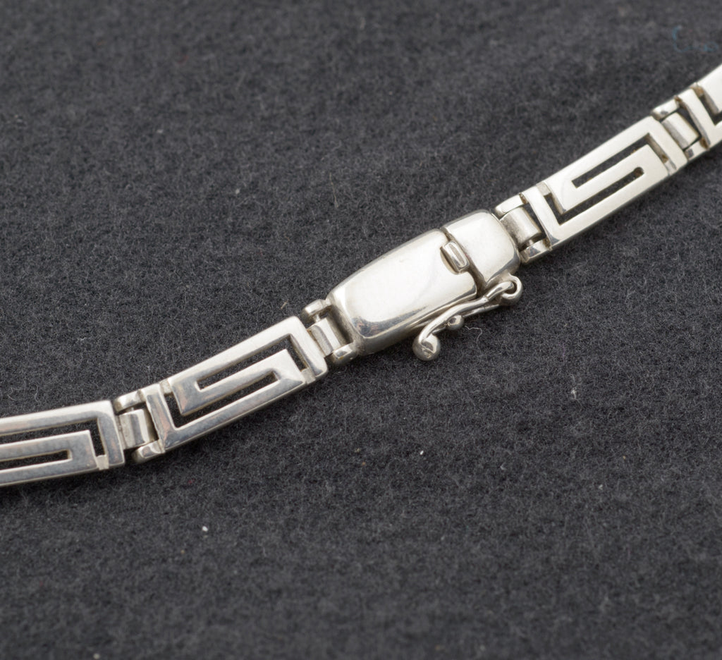 Vintage Mexican Sterling Silver Graduated Panel Greek Key Necklace (B2447)