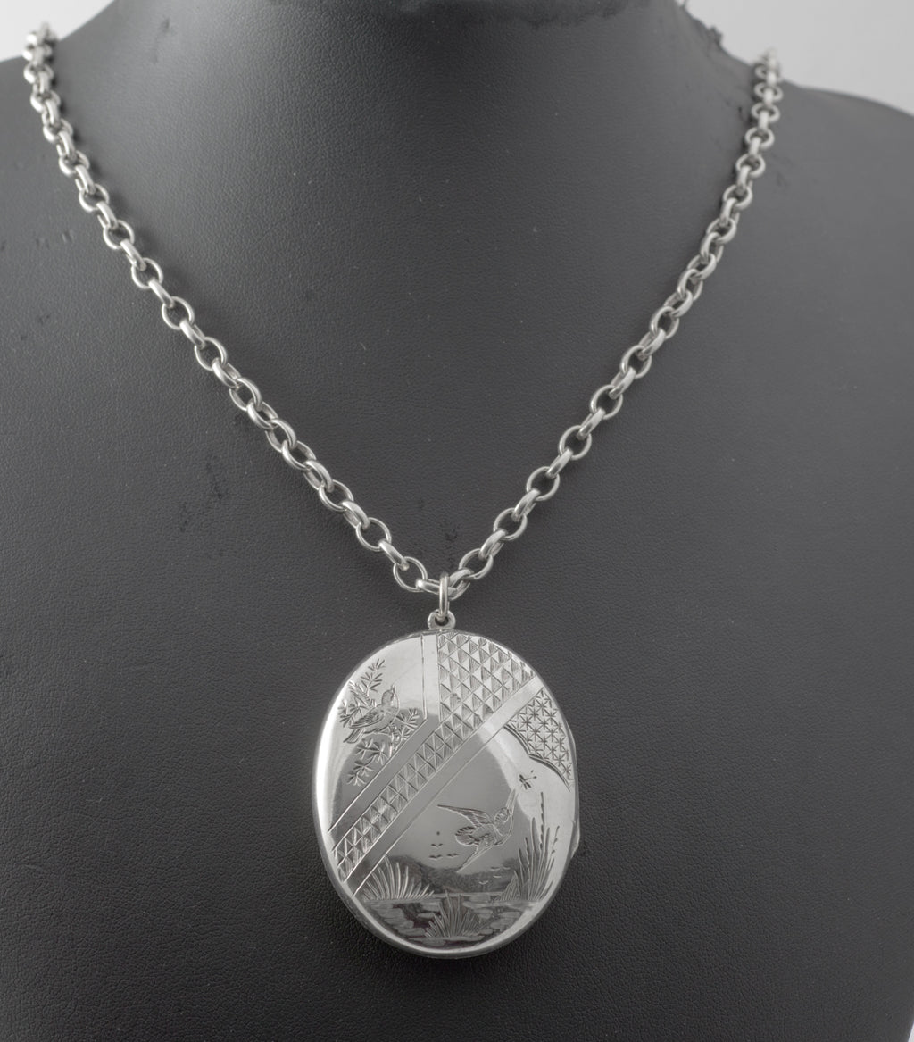 Antique Victorian Hallmarked Sterling Silver Large Locket Pendant Necklace 1881 (B2449)