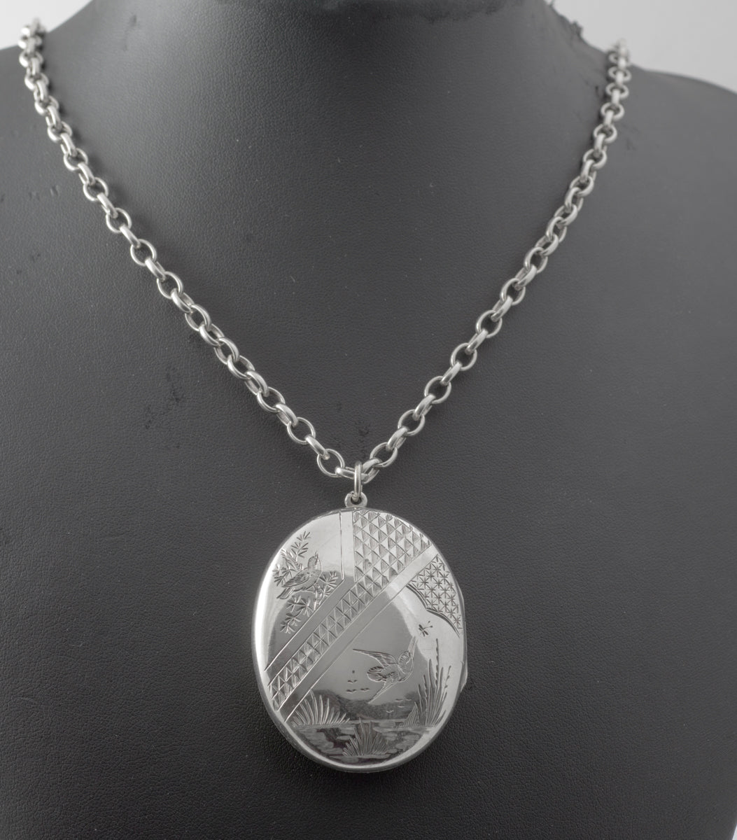 Antique Victorian Hallmarked Sterling Silver Large Locket Pendant Necklace 1881 (B2449)