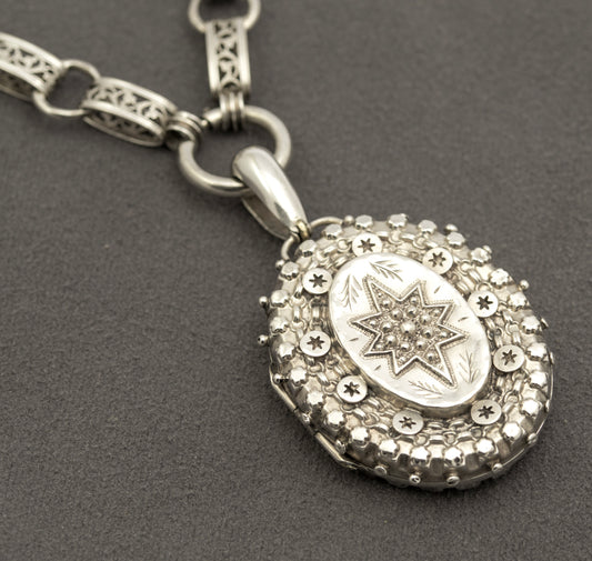 Antique Victorian Sterling Silver Locket & Fancy Book Chain Necklace Hallmarked (B2455)