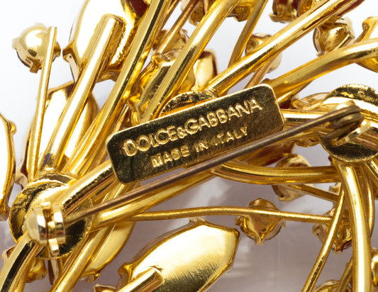 Vintage Dolce & Gabbana Large Red Crystal & Gold Tone Statement Brooch Pin c.1980's (B2462)