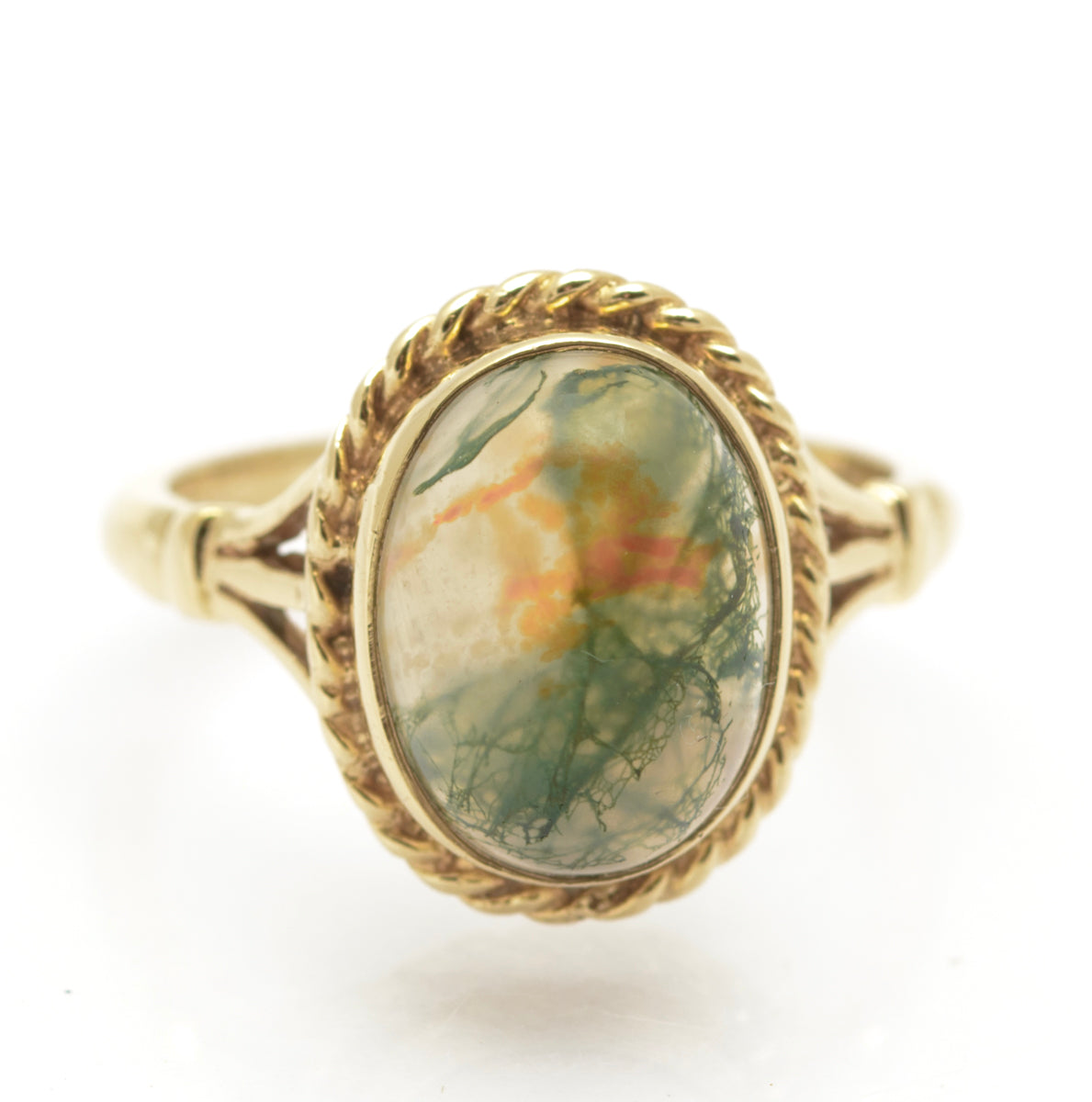 Vintage 9ct Gold & Natural Moss Agate Cabochon Ring Hallmarked 1977 Size M (B2465)