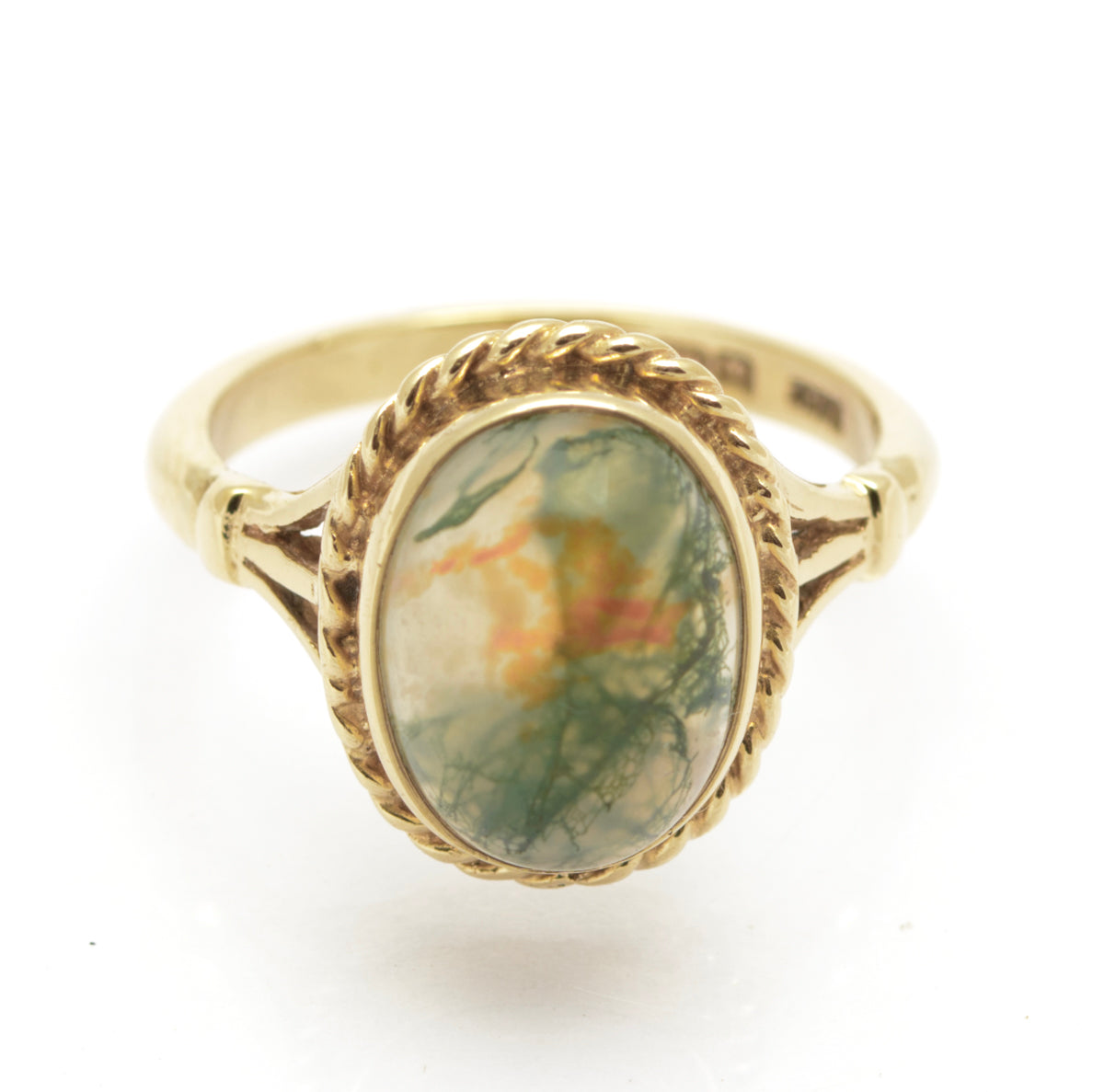 Vintage 9ct Gold & Natural Moss Agate Cabochon Ring Hallmarked 1977 Size M (B2465)