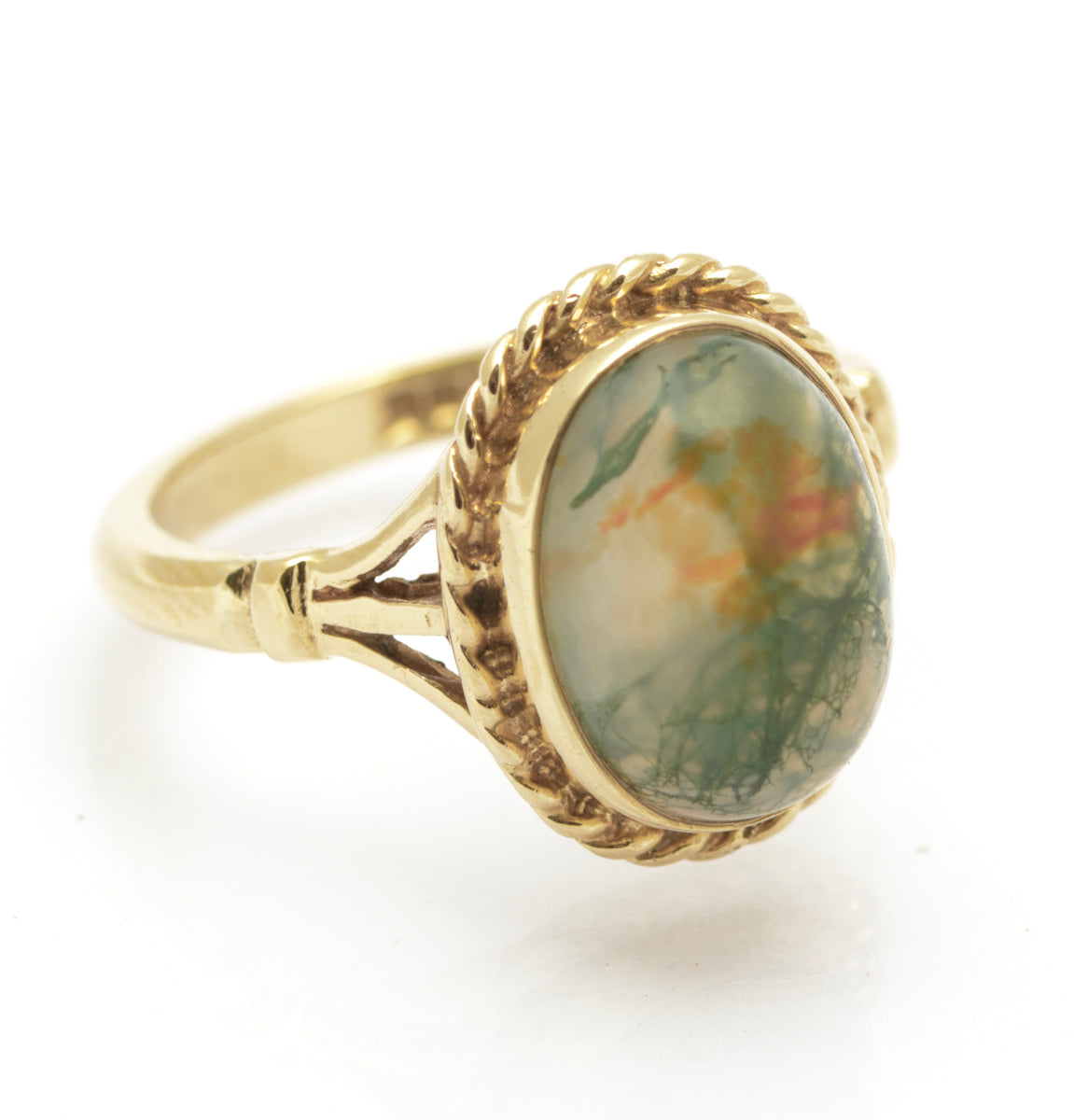 Vintage 9ct Gold & Natural Moss Agate Cabochon Ring Hallmarked 1977 Size M (B2465)