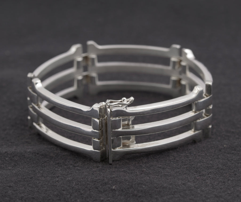 Vintage .835 Silver German Heavy Chunky Gate Bracelet 3 Bar (B2482)