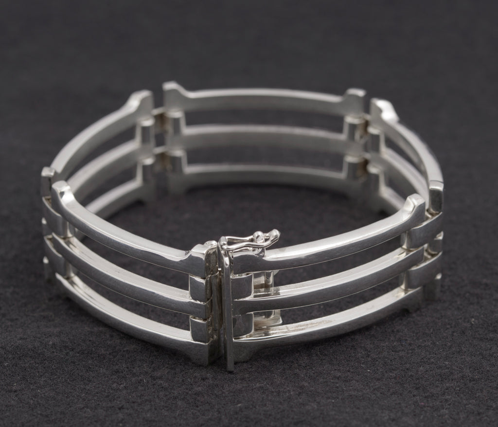 Vintage .835 Silver German Heavy Chunky Gate Bracelet 3 Bar (B2482)
