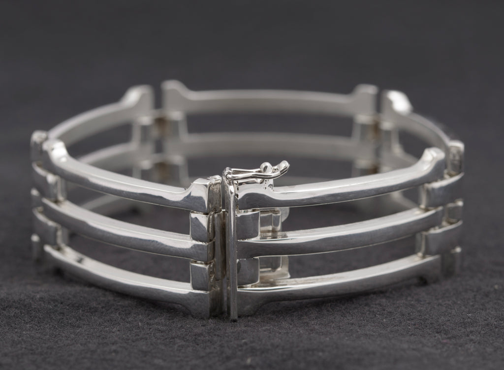 Vintage .835 Silver German Heavy Chunky Gate Bracelet 3 Bar (B2482)
