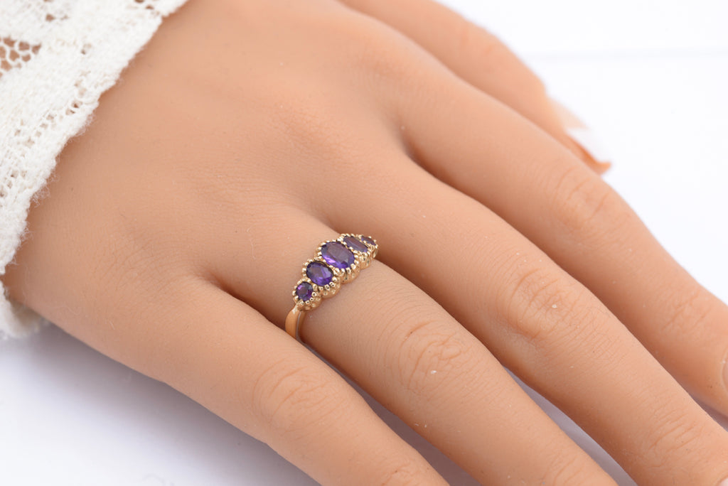 Vintage 9ct Gold Natural Amethyst Five Stone Ring - Hallmarked 1980s - UK Size M½ - B2484