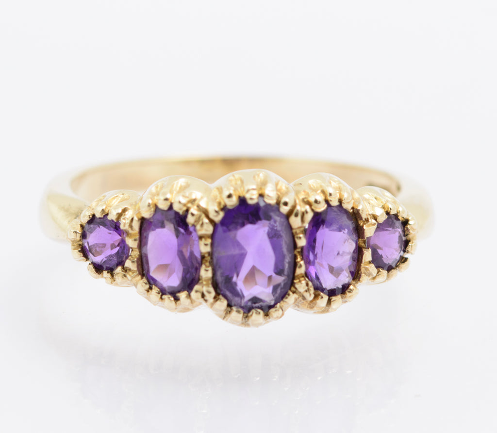Vintage 9ct Gold Natural Amethyst Five Stone Ring - Hallmarked 1980s - UK Size M½ - B2484