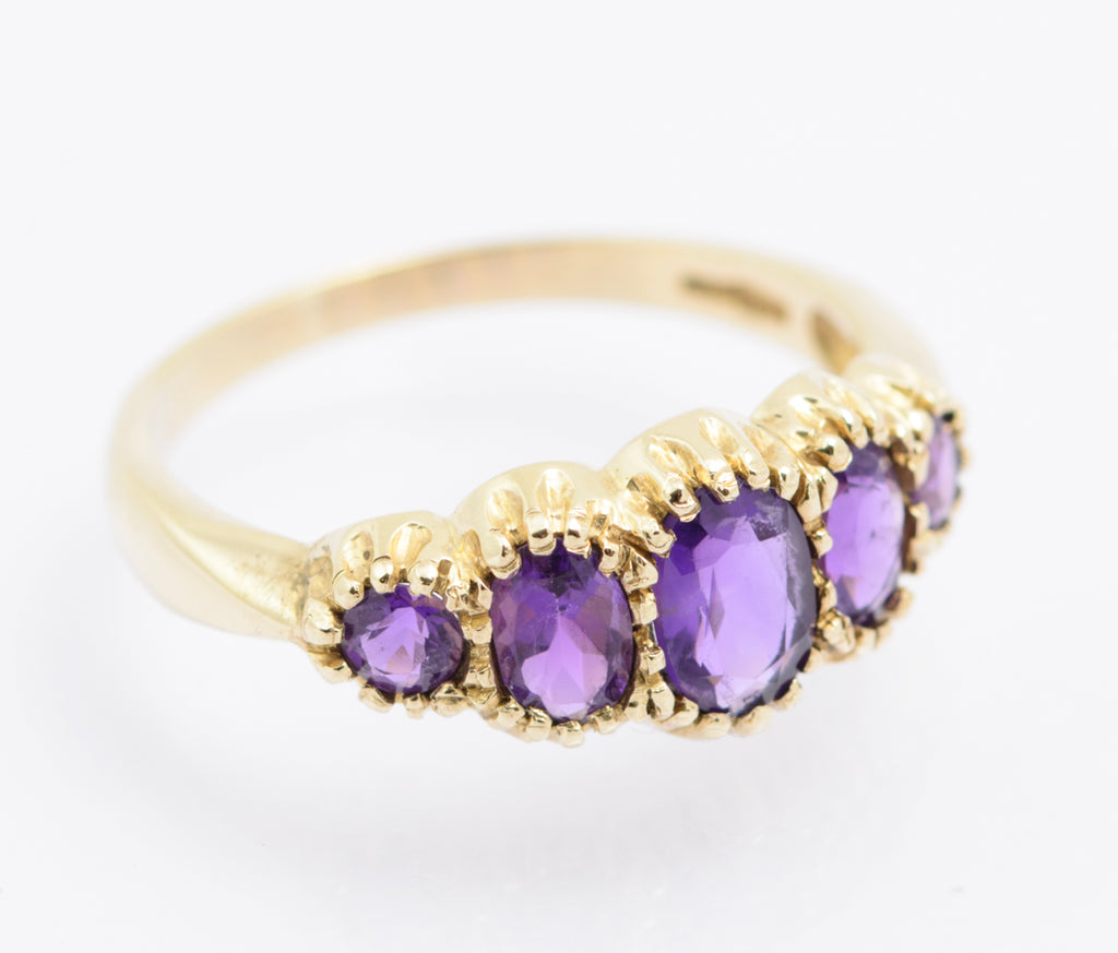 Vintage 9ct Gold Natural Amethyst Five Stone Ring - Hallmarked 1980s - UK Size M½ - B2484