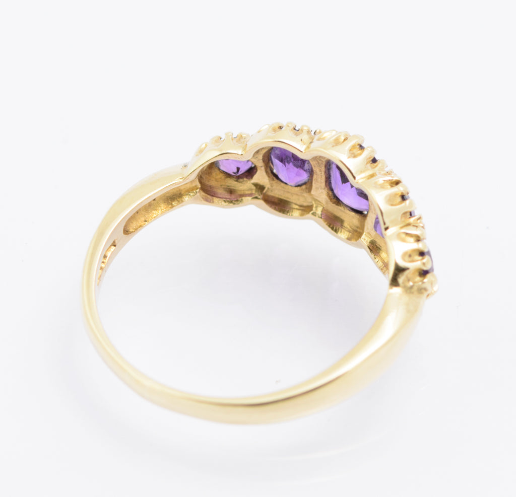 Vintage 9ct Gold Natural Amethyst Five Stone Ring - Hallmarked 1980s - UK Size M½ - B2484