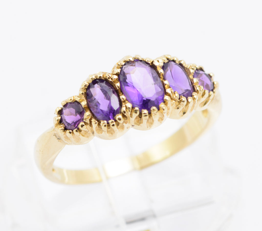 Vintage 9ct Gold Natural Amethyst Five Stone Ring - Hallmarked 1980s - UK Size M½ - B2484