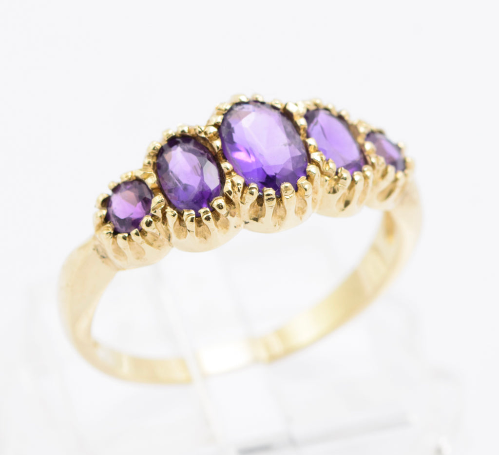 Vintage 9ct Gold Natural Amethyst Five Stone Ring - Hallmarked 1980s - UK Size M½ - B2484