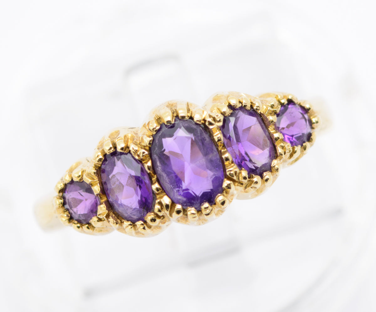 Vintage 9ct Gold Natural Amethyst Five Stone Ring - Hallmarked 1980s - UK Size M½ - B2484