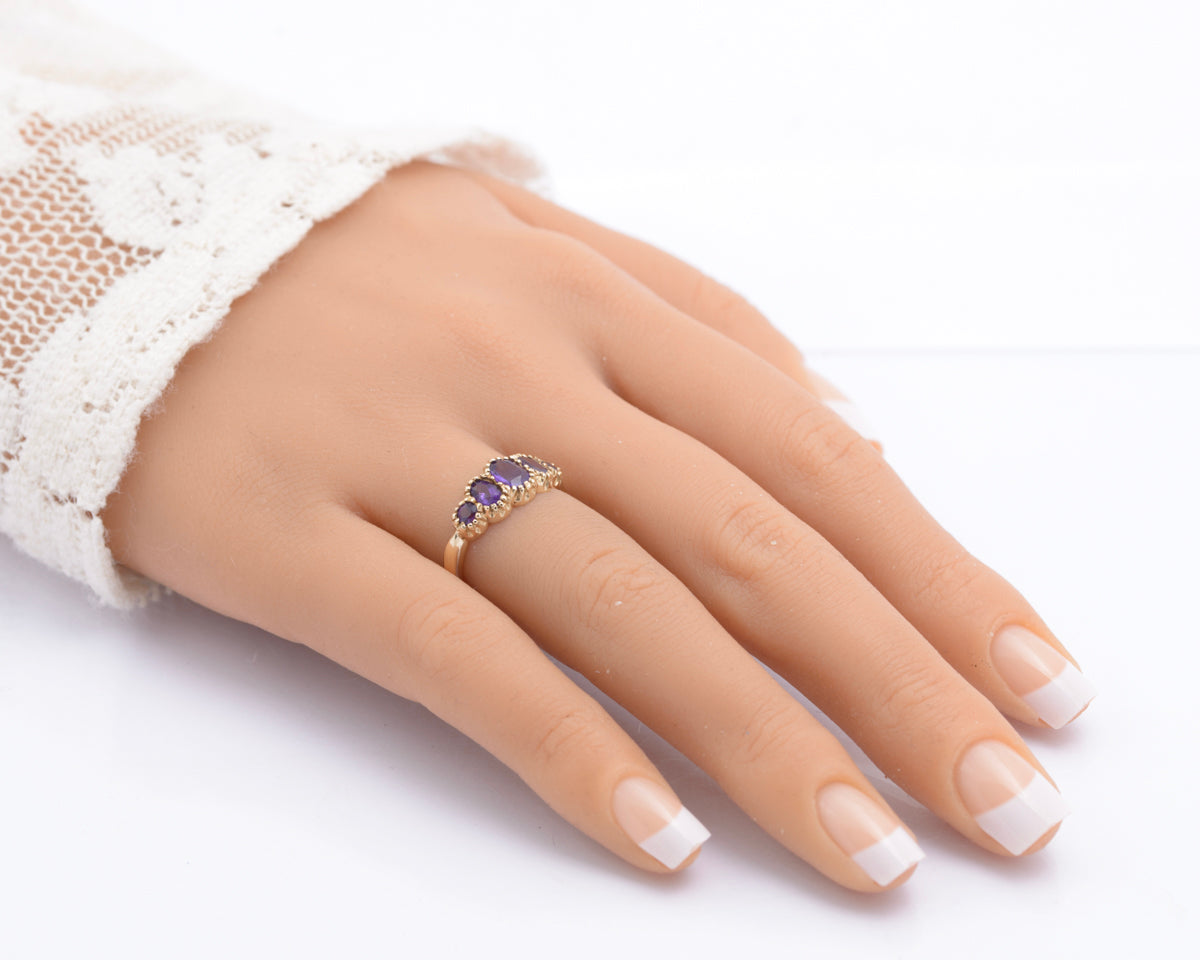 Vintage 9ct Gold & Natural Amethyst Gemstone Five Gem Ring UK Size M1/2 (B2484)