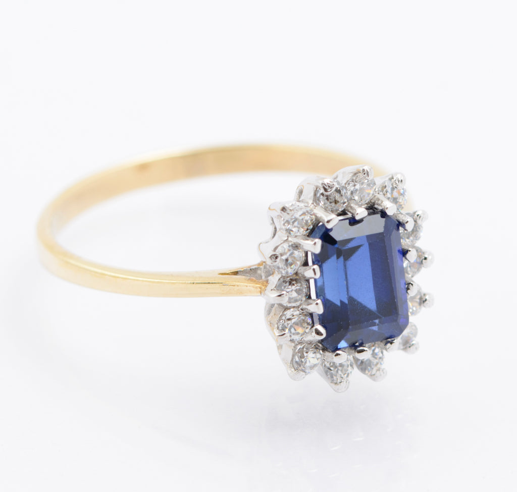 9ct Gold Emerald Cut 1.4 Carat Sapphire & CZ Halo Ring Size P (B2485)