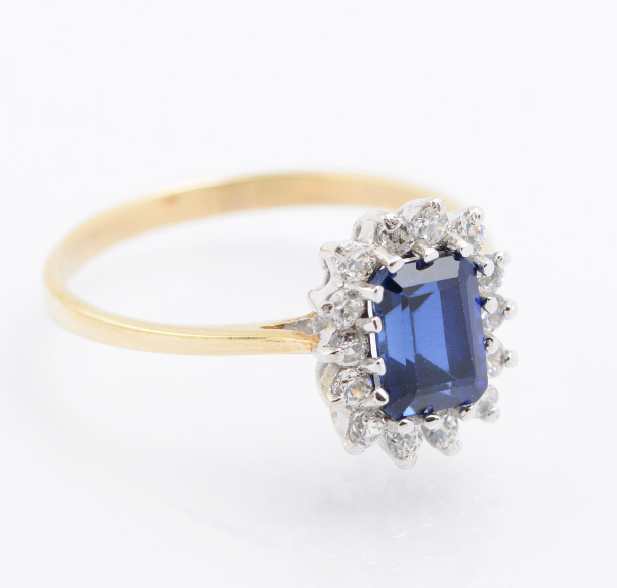 9ct Gold Emerald Cut 1.4 Carat Sapphire & CZ Halo Ring Size P (B2485)