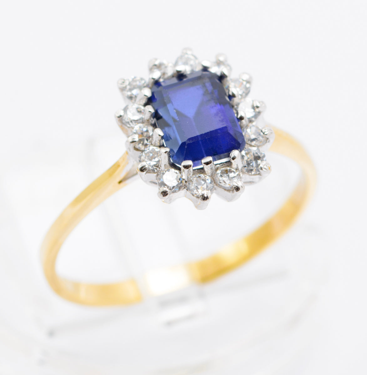 9ct Gold Emerald Cut 1.4 Carat Sapphire & CZ Halo Ring Size P (B2485)
