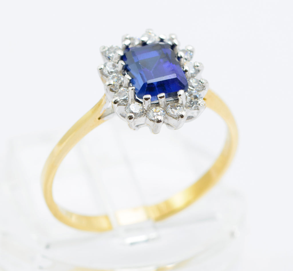 9ct Gold Emerald Cut 1.4 Carat Sapphire & CZ Halo Ring Size P (B2485)