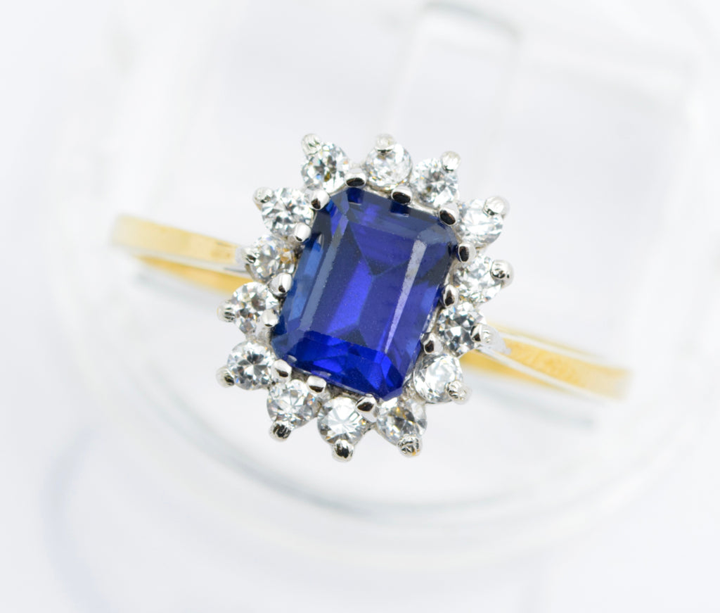 9ct Gold Emerald Cut 1.4 Carat Sapphire & CZ Halo Ring Size P (B2485)