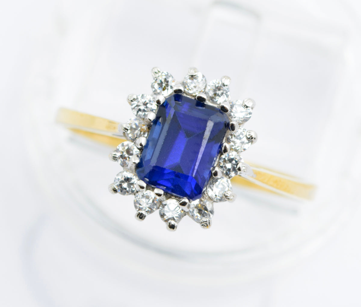 9ct Gold Emerald Cut 1.4 Carat Sapphire & CZ Halo Ring Size P (B2485)