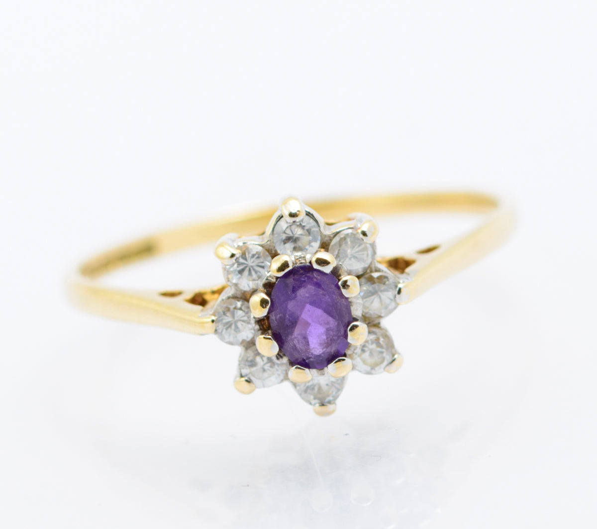 Vintage 9ct Gold Natural Amethyst & CZ Halo Ring Hallmarked 1980's Size L (B2487)