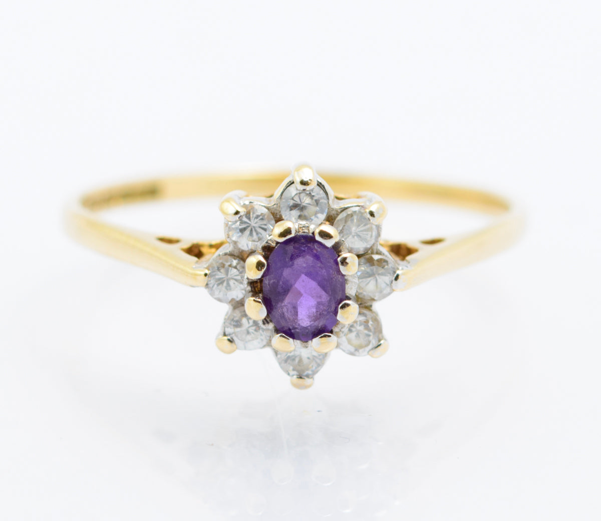 Vintage 9ct Gold Natural Amethyst & CZ Halo Ring Hallmarked 1980's Size L (B2487)